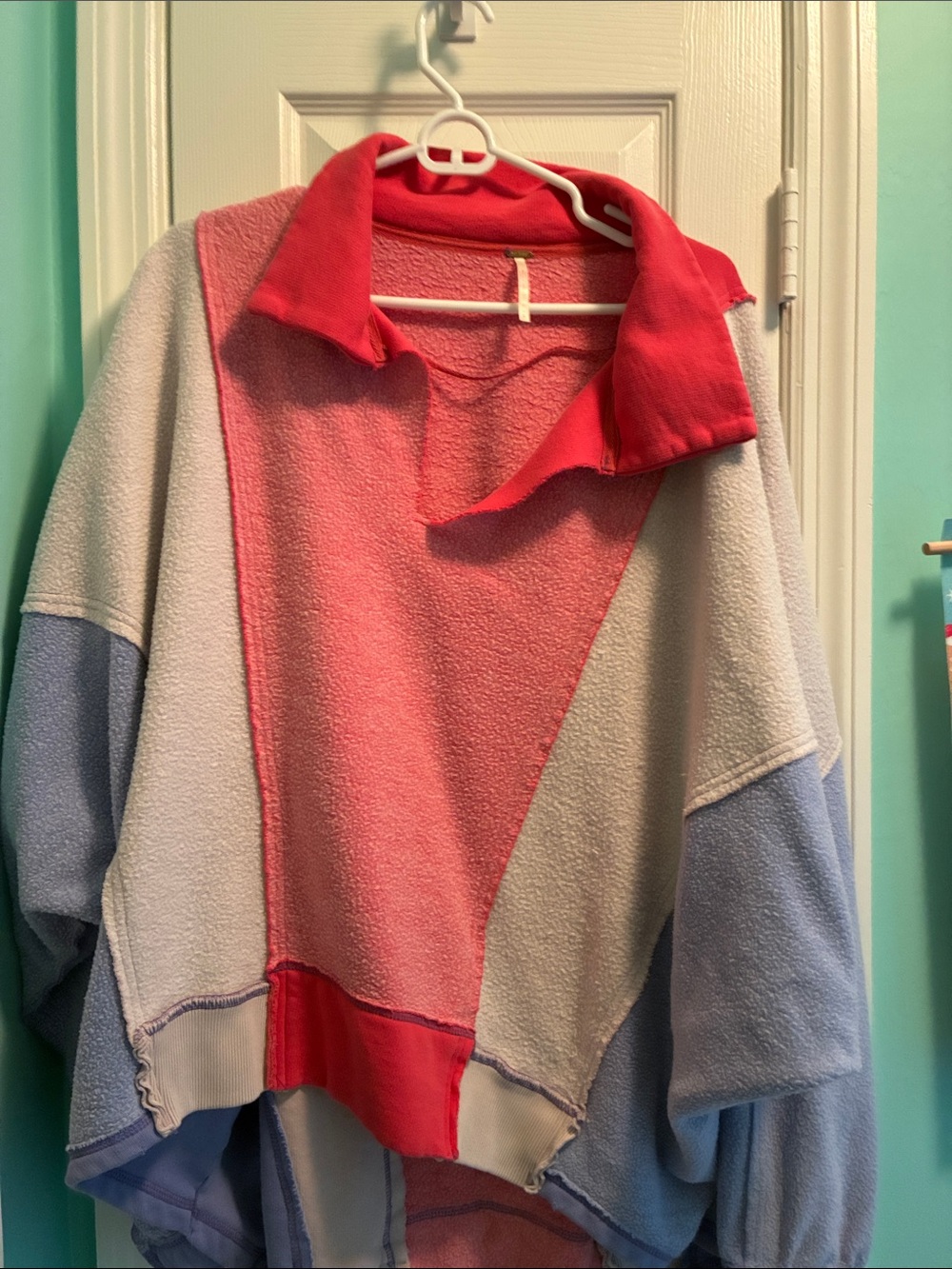 Free People Colorblock Cowl Pullover in Coral, Pale Pink & Light Blue